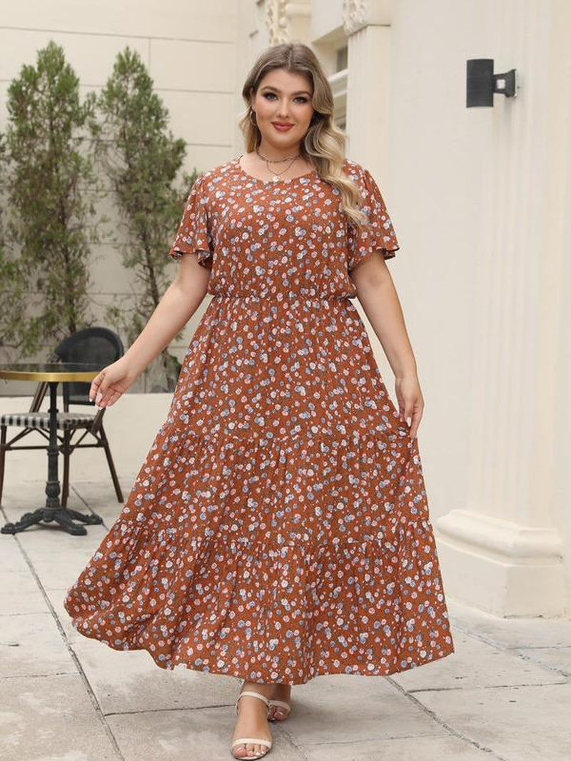 Women'S Ditsy Floral Print a Line Dress, Boho Fashion Casual plus Size Short Sleeve Dress for Daily Wear, Women Clothing, Womenswear, Summer Boho Clothes Women